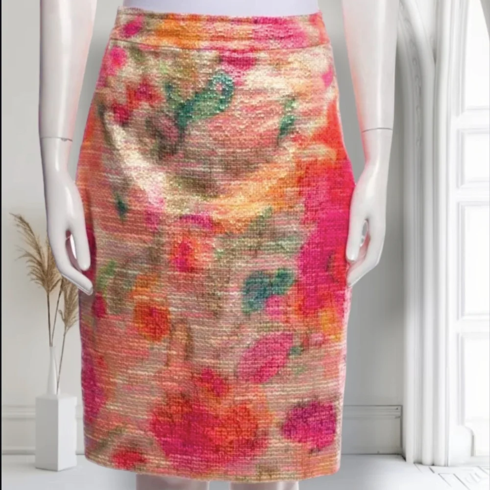 Kate Spade Watercolor Jacquard Tweed Pencil Skirt XS Multicolor Metallic Floral